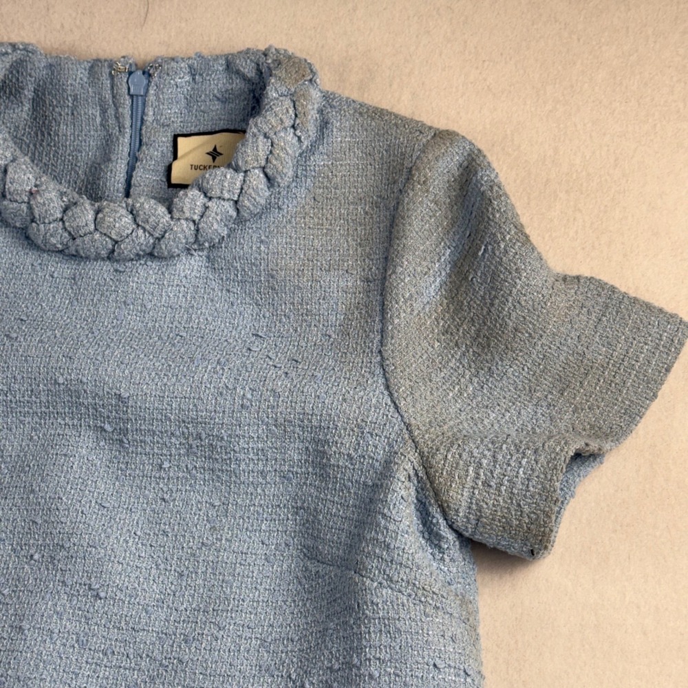 Tuckernuck Light Blue Tweed Braided Neckline Shift Dress Gold Buttons XS - Picture 4 of 6